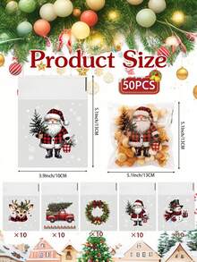 50 Peças Sacos de Doces Autoadesivos Transparentes de Natal, Sacos de Celofane para Lanches de Natal, Sacos de Presente de Natal, Sacos de Presente, Sacos de Doces para Biscoitos, Bolos, Embalagem de Chocolate, Suprimentos de Presente para Festa de Natal de Inverno