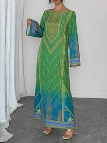 一件女士印花长袖直筒连衣裙，休闲绿色连衣裙，优雅阿拉伯风格长袍，适合春季奢华派对活动 - 綠色 - 查看 10