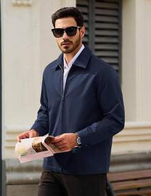 Men's Cotton Full Zip Up Work Jackets Turndown Collar Business Casual Windbreaker With 3 PocketsChristmas O5SK - 海軍 - 查看 10