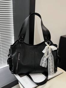 Lightweight Business Casual Portable Rivet Detail Shoulder Tote Bag, Suitable For White-Collar, Teachers, Young Female College Students, Teacher's Day, Work, Business, Commuting, University And Other Occasions. Also Suitable For Young Female College Students, Career Starters And White-Collar Workers. Very Suitable For Office, Work And Business Occasions. - Black - View 11