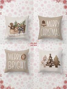 4pcs Christmas Merry Christmas Pillow Covers, Christmas Decorative Cushion Covers, Christmas Tree, Christmas Sled, Red Plaid, Black Plaid, Christmas Gifts, Machine Washable & Dry Clean, Invisible Zipper, Suitable For Room Decor, Sofa Decor, No Pillow Insert - Brown - View 14