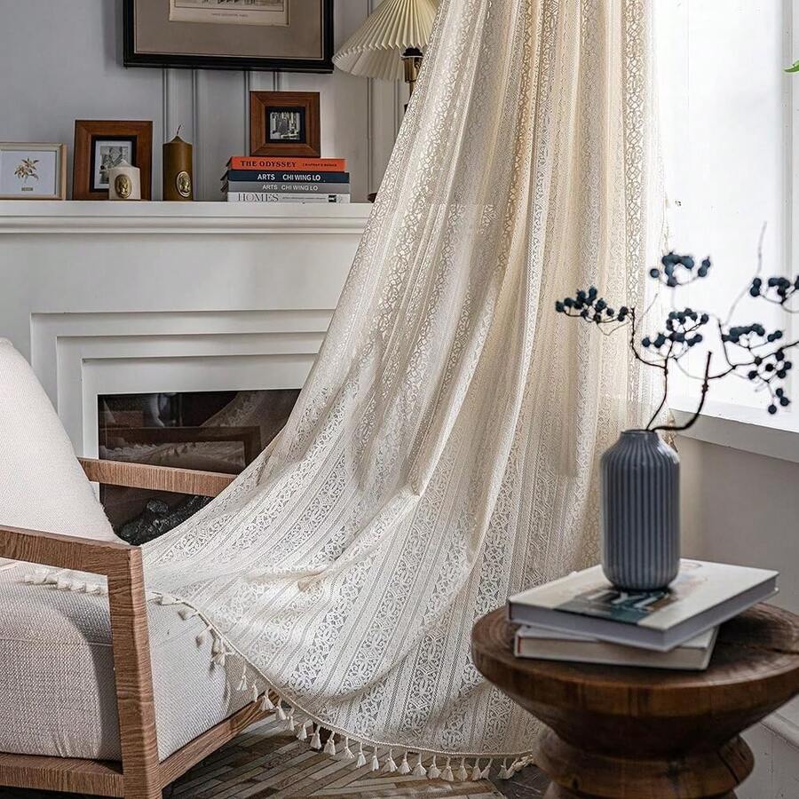 Boho Curtain Crochet Lace Semi-Sheer Florals Hollow Knitted Handmade Tassels, Rod Pocket Window Treatment Vintage Rustic Farmhouse Drapes For Living Bedroom, 1 Panel 59" W X 84" L, Beige - 米色花卉鉤針 59Wx84L 一包 - 查看 1