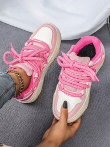 休闲户外滑板鞋，白色、玫瑰色、粉色、多巴胺时尚配色，新年和圣诞节完美礼物，女士厚底运动鞋，宽鞋带设计，适合旅行、派对、返校等多种场合。 - 彩色 - 查看 4
