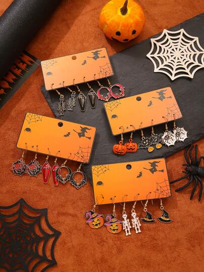 6pcs Punk Dark Style Halloween Earring Set, Cute Ghost, Witch Hat, Pumpkin Head, Spider Web, Mummy And Bat Pendant Earrings, Gothic Horror Style Jewelry For Women, Ideal For Halloween And Party Accessories