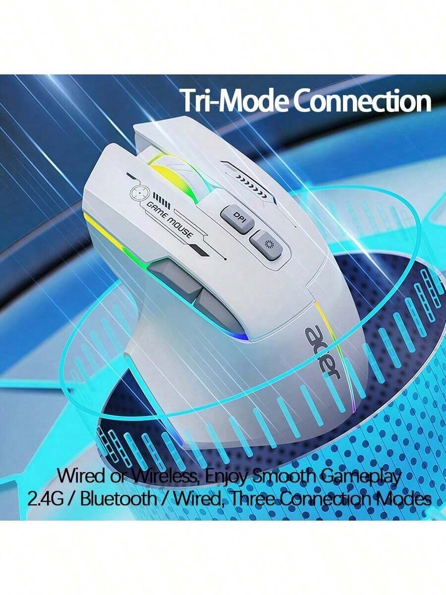 Acer OMW950 Plus Ergonomic Gaming Mouse: Long-Lasting Comfortable Grip, Customizable Macro Buttons, High-Precision DPI Adjustment, RGB Backlighting, Perfect For Extended Gaming And Office Work. White, Wireless, Tri-Mode - White Wireless Three-mode - View 1