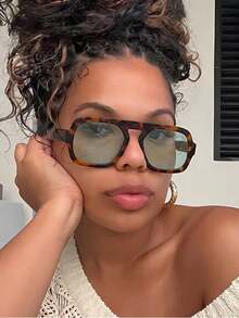 1pc Unisex Tortoise Shell Color Square Frame Double Bridge Pilot Style Fashion Glasses For Vacation Boho Shades Beach Accessories Beach Accessories For Women Glasses Shades Basics Fall Winter Women Outfits Clothes Business Casual Gifts Leopard For Summer Beach Vacation,Outdoor,Travel - 綠色 - 查看 3