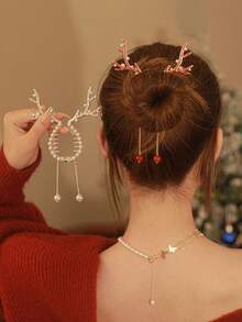 1pc Tear It Off To See The Effect1pc Christmas Fuzzy Antler Snowflake Twist Claw Clips, Women Hair Claw Clips Barrettes, Sparkling Reindeer Claw Clip With Firm Grip, For Thick Hair - Christmas Tassel Hair Accessories Headdress, Birthday Christmas Hair Ornament Gorgeous Antler Hairpin Set In Crystal, Alloy, Large Round Design With Tassels And Faux Pearls, Lovely Style, Suitable For Everyday Wear, Gifts, Travel, Gifts For Women, Hair Stuff, Stocking Stuffers