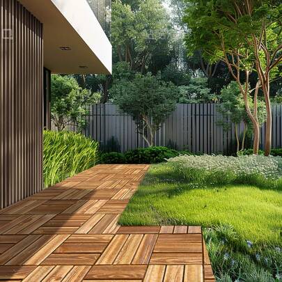 Interlocking Deck Tiles Solid Wood, 10 Pack,12"X12" Waterproof Camphor Pine Wood Flooring All Weather Use, Patio Floor Decking Covering Tiles For Porch Poolside Balcony Backyard, (Wooden)