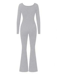 Bộ áo liền quần nữ AiTyi, kiểu dáng thường ngày, thời trang, gợi cảm, cổ chữ U rộng rãi, ôm sát, đa năng cho hoạt động ngoài trời và thể thao, phù hợp cho lễ tốt nghiệp, Giáng sinh, Năm mới, Lễ Tạ ơn, mùa thu/đông. Áo liền quần tay dài, ống loe, chất liệu dệt kim co giãn, vừa vặn cho mùa xuân thanh lịch. - tro hoa - Xem 5