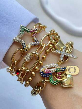 STYLEVER 1 PC Gold A-Z Initial Letter Heart Bracelet, Charm Letter And Heart Pendant Bracelet, Colorful Diamond Five-Pointed Star Buckle Chain, Horseshoe-Buckle Bracelet, Full Diamond Cross Bracelet, Stainless Steel Chain, Unique And Luxury Bracelet For Women's