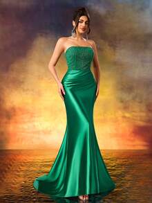 Beaded Strapless Formal Evening Dress Fine High Heeled Front Split Party Dress Elegant Evening Gown For Party,Wedding Guest,Celebration,Anniversary