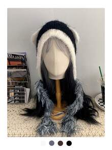 1 件女士拼色蓬松针织连帽帽，厚实温暖的冬季无檐小帽，可爱的套头帽，秋冬 - 彩色 - 查看 14