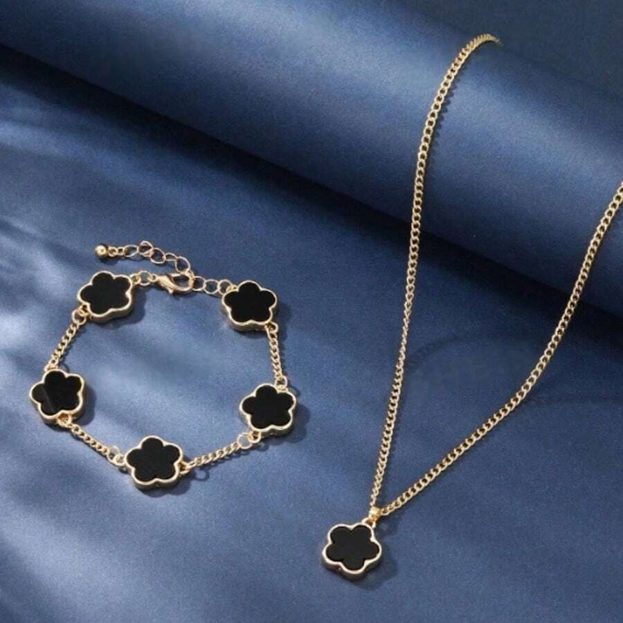1 Set New Fashion 3D Five-Petal Bracelet, Pendant & Necklace Jewelry Set, Stylish & Versatile