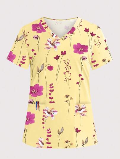 cimmuovere Women's V-Neck Short Sleeve Christmas Themed Scrubs With Cute Prints And Multiple Pockets, Suitable For Nurses, Dentists, Healthcare, Pet Hospital, Laboratory Workwear