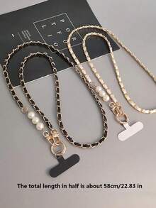1pc Long Faux Pearl With Leather Crossbody Mobile Phone Chain, Metal Chain Lanyard Gifts For Mother, Family, Friends, Birthday, Holiday Phone Charm - Black - View 8