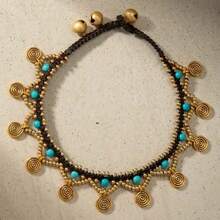 1pc Bohemian Anklet For Women Turquoise Wax Rope Handmade Beaded Pendant For Beach Wear Jewelry - 金色 - 查看 1