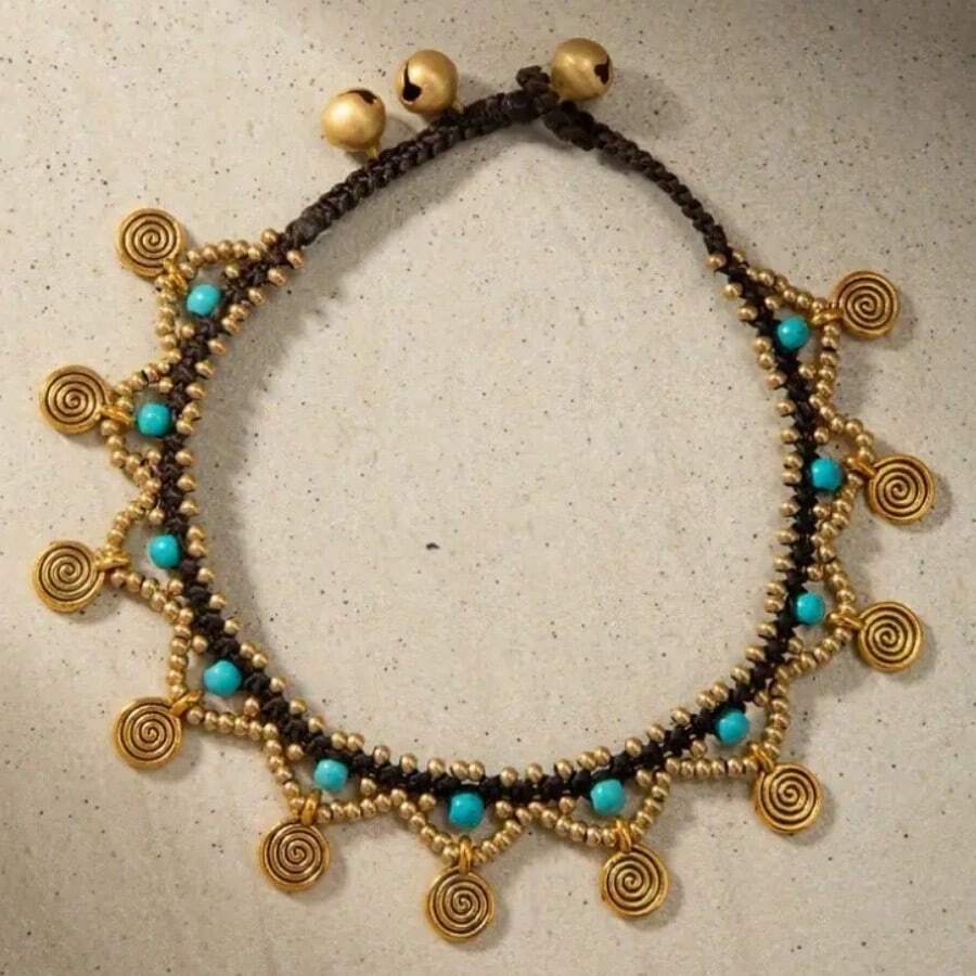 1pc Bohemian Anklet For Women Turquoise Wax Rope Handmade Beaded Pendant For Beach Wear Jewelry - 金色 - 查看 1