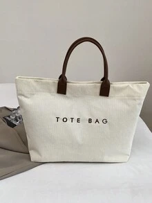 新款秋冬大容量字母装饰灯芯绒手提包，多功能通勤双提手手提包，适合女性工作通勤、购物、海滩度假等场合 - 白色 - 查看 8