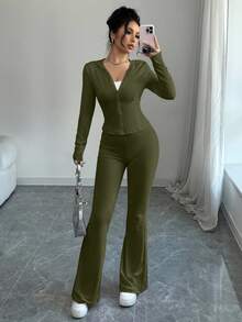 abyoxi Bộ 2 món gồm áo khoác có mũ kéo khóa và quần ống loe màu trơn, trang phục thể thao thường ngày thời trang, phù hợp cho hoạt động ngoài trời, dạo phố, thể thao, mặc hàng ngày, thể hiện cá tính riêng, dành cho nữ mùa thu/đông. - xanh quân đội - Xem 6