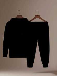 两件套加大码男士撞色字母印花连帽衫套装，拼接宽松休闲运动服，带抽绳口袋的户外运动套装，黑色春季款 - 黑色 - 查看 3