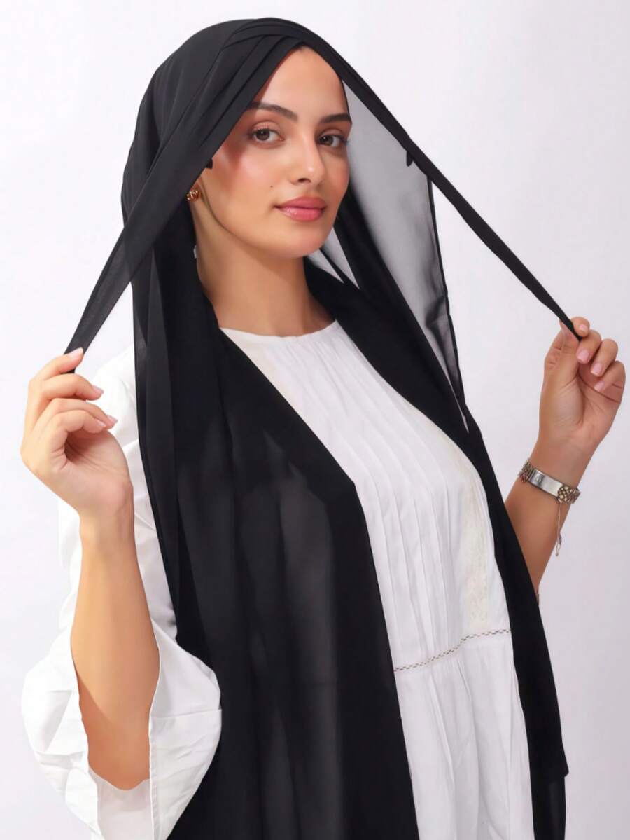 1 Stück klassischer Damen Instant-Hidschab, einfarbiges 3-Lagen Kreuz Design, schmeichelhaft für das Gesicht, elegant minimalistisch, ganzjährig, praktischer leichter Chiffon-Schal, vielseitig für Lässig, Sport, Schal, muslimischer Alltagsgebrauch - Schwarz - Übersicht 1