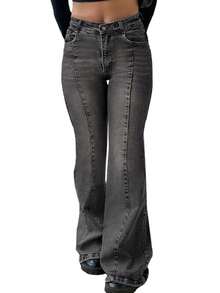 Women Bootcut Jeans Flare Jeans Mid-High Waisted Stretchy Straight Leg Jeans Seamed Front Loose Denim Pants Spring Clothes - 灰色 - 查看 5
