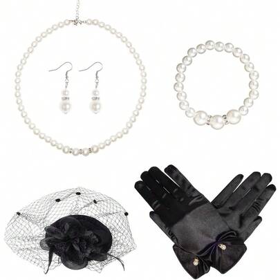 5-Piece Women's Fascinator Set With Feathers, Velvet Gloves And Pearl Jewelry For Tea Party Events Ladies' Headwear Fashion Accessories
