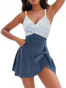 Traje de Baño Mujer, Traje de  Completo Mujer con Cuello en V sin Manga, Traje de Baño con Falda para Playa Piscina Surf Nadar, Bañador de Una Pieza con Sujetador, Bandolera Ajustable - Azul - Ver 2