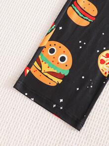 Set de 2 piezas Pijama de niño pequeño con estampado de hamburguesa feliz y papas fritas, con parte superior de cuello redondo de manga larga y pantalones casuales estampados, hecho de tela suave, adecuado para uso diario en primavera, otoño e invierno, también es un regalo infantil pensativo. - Negro - Ver 8