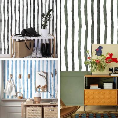 1卷蓝色条纹乙烯基壁纸竖条自粘防水撕拉接触纸卧室房间餐厅宿舍背景墙桌面橱柜家具翻新膜家居装饰墙贴DIY可移除壁纸45cm*500/300/100cm