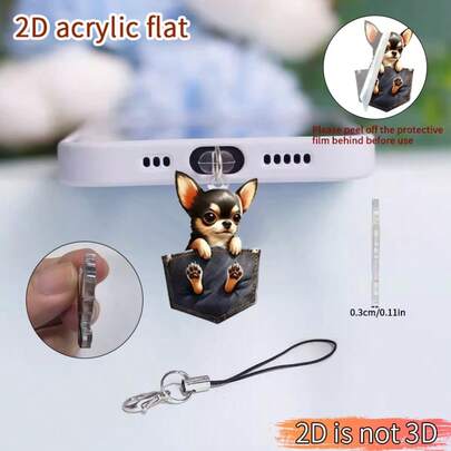 1 szt. Uroczy, kieszonkowy piesek, akrylowy, 2D, antykurzowy wtyk – uroczy wisiorek do telefonu z zapięciem na karabińczyk, wszechstronny, chroni port ładowania telefonu, kompatybilny z Type-C/Lightning, świetny pomysł na prezent