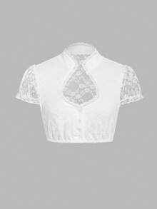 ii Heart Neckline Lace Short Sleeve Button Front Traditional Lace Blouse, Suitable For Oktoberfest And Halloween White Fall - White - View 1