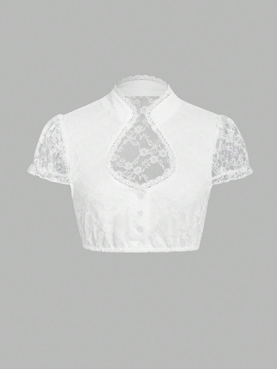 ii Heart Neckline Lace Short Sleeve Button Front Traditional Lace Blouse, Suitable For Oktoberfest And Halloween White Fall - White - View 1