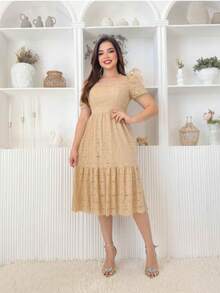 Vestido Aurora De Renda Feminino Midi Elegante Moda Casamento Festa ano novo - Caqui - Visão 1