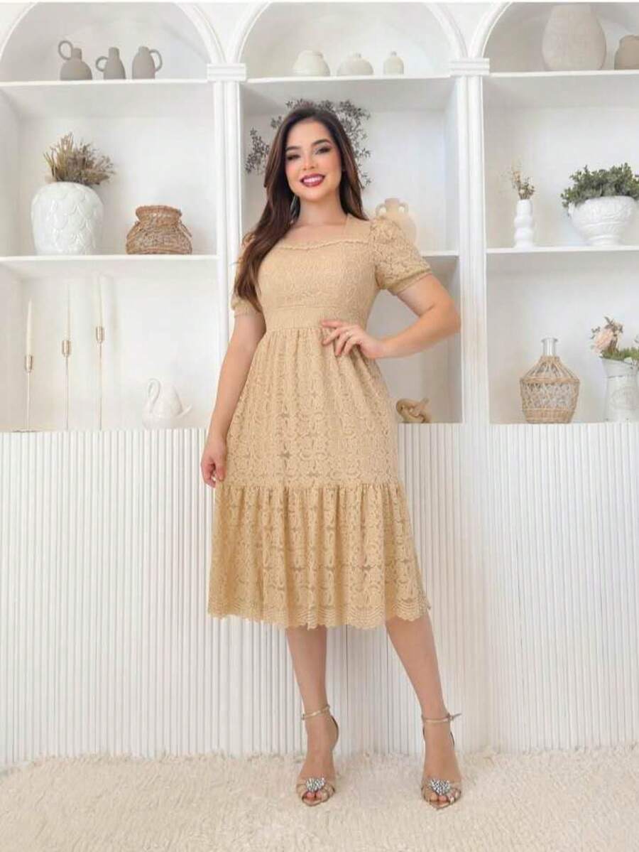 Vestido Aurora De Renda Feminino Midi Elegante Moda Casamento Festa ano novo - Caqui - Visão 1