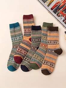 1/5/10 Pairs Unisex Mid-Calf Knitted Socks, Non-Slip Vintage Pattern, Comfortable & Warm For Indoor/Outdoor Use, Fleece-Lined For Autumn/Winter, Assorted Design