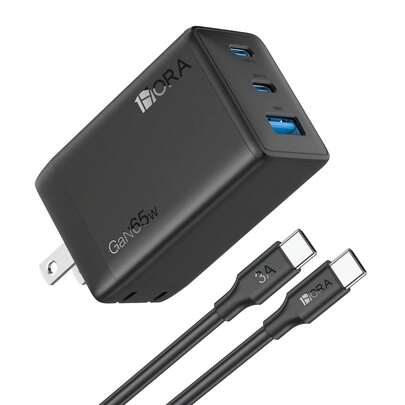 Combo Cargador 65W USB 2 Tipo C GaN y Cable Tipo C a C 2m