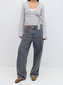 Women Tie Front Wrap Cardigan Solid V Neck Long Sleeve Crop Knit Sweater Casual Fall Clothes - Xám - Xem 5