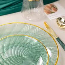 60PCS Green Plastic Plates Party, Heavy Duty Disposable Plate With Gold Rim, Elegant Design 30 Dinner 30 Dessert Plates Wedding, BirthdayTranslucent Green - màu xanh lá - Xem 5