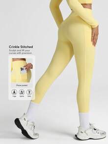 Sodalemon Women's Fitness Yoga Leggings, Side Pockets, Seamless Front, Casual Workout Pants, Sports Running Tights - Vàng nhạt - Xem 1