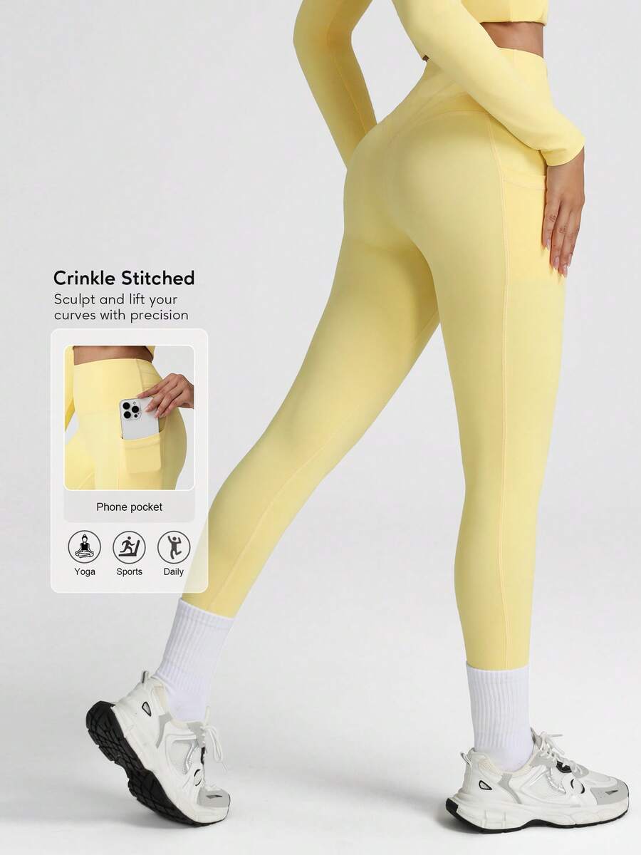 Sodalemon Women's Fitness Yoga Leggings, Side Pockets, Seamless Front, Casual Workout Pants, Sports Running Tights - Vàng nhạt - Xem 1