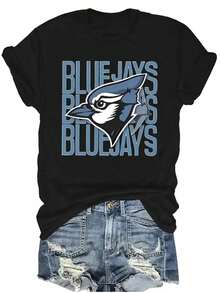 100% Cotton Women'S Casual Blue Birds Graphic T-Shirt - Short Sleeve, Spring/Summer Collection, Perfect For Casual Attire, Casual Summer Top | Bird Print Top | Lightweight Shirt - 黑色 - 查看 2