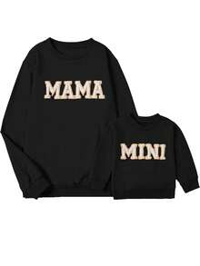 Mommy And Me Matching Outfits Christmas/Halloween Sweatshirts Family Matching Xmas Clothes Long Sleeve Crewneck Mama/Mini Letter Print Sweatshirts Pullover Tops Winter Fall Clothes - 黑色 - 查看 2