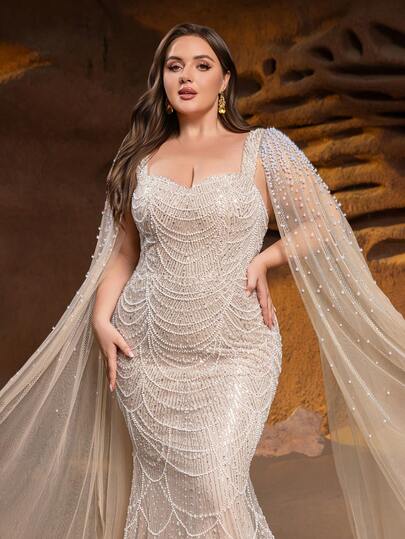 Faeriesty فستان سهرة فاخر بتصميم ذيل السمكة مع رداء توري شفاف - ياقة قلب، تطريز بخرز لامع وتطريز سلسلة، لحفلات راقية وعروض الأزياء الراقية