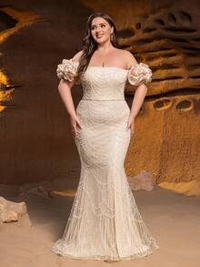 Faeriesty Haute Glamour Elegant Off-Shoulder Short Sleeve Mermaid Hem Plus Size Formal Evening Gown – Perfect For Weddings, Galas, Black-Tie Events, Award Ceremonies, And Luxury Banquets