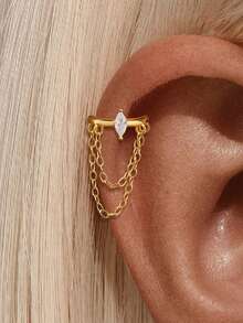 1pc S925 Sterling Silver Ear Cuff Earring, Hypoallergenic Ear Piercing Jewelry, Double Chain Design - Gold - View 6