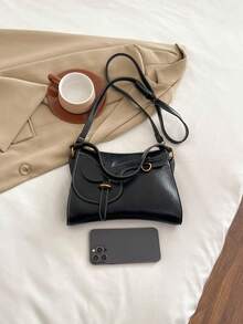 1 件女士纯色复古 PU 单肩斜挎包（尺寸：26 * 19 * 6 厘米），时尚经典手提包，带钥匙扣吊坠和配饰，适合放置手机、钱包、通勤、办公室、购物 - 黑色 - 查看 3