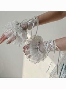 1pc Lolita Lace Trim Leg Warmers, Sheer Mesh Sleeve Leg Warmers For Women, Bow Decor, Harajuku Style - Multicolor - View 3