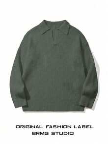 男士罗纹高领毛衣，休闲宽松套头针织衫，秋冬季长袖上衣 - 灰色 - 查看 6