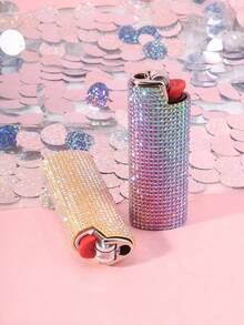 [1pc Zinc Alloy Lighter Case] 1pc Sparkling Artificial Diamond Decoration Zinc Alloy Lighter Case&Lighter Sleeve For Model BIC-J6. - Multicolor - View 4